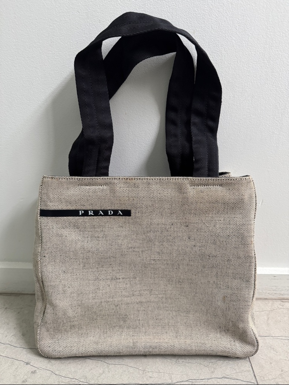 Prada vintage 1999 Beige Canvas Tote with Black Straps
